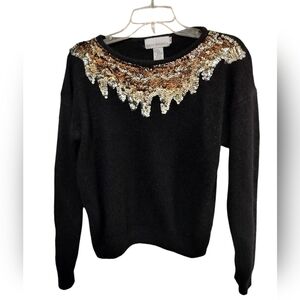 3034)Vtg David Benjamin Black Gold Sequin Silk Blend Crew Neck Sweater Medium